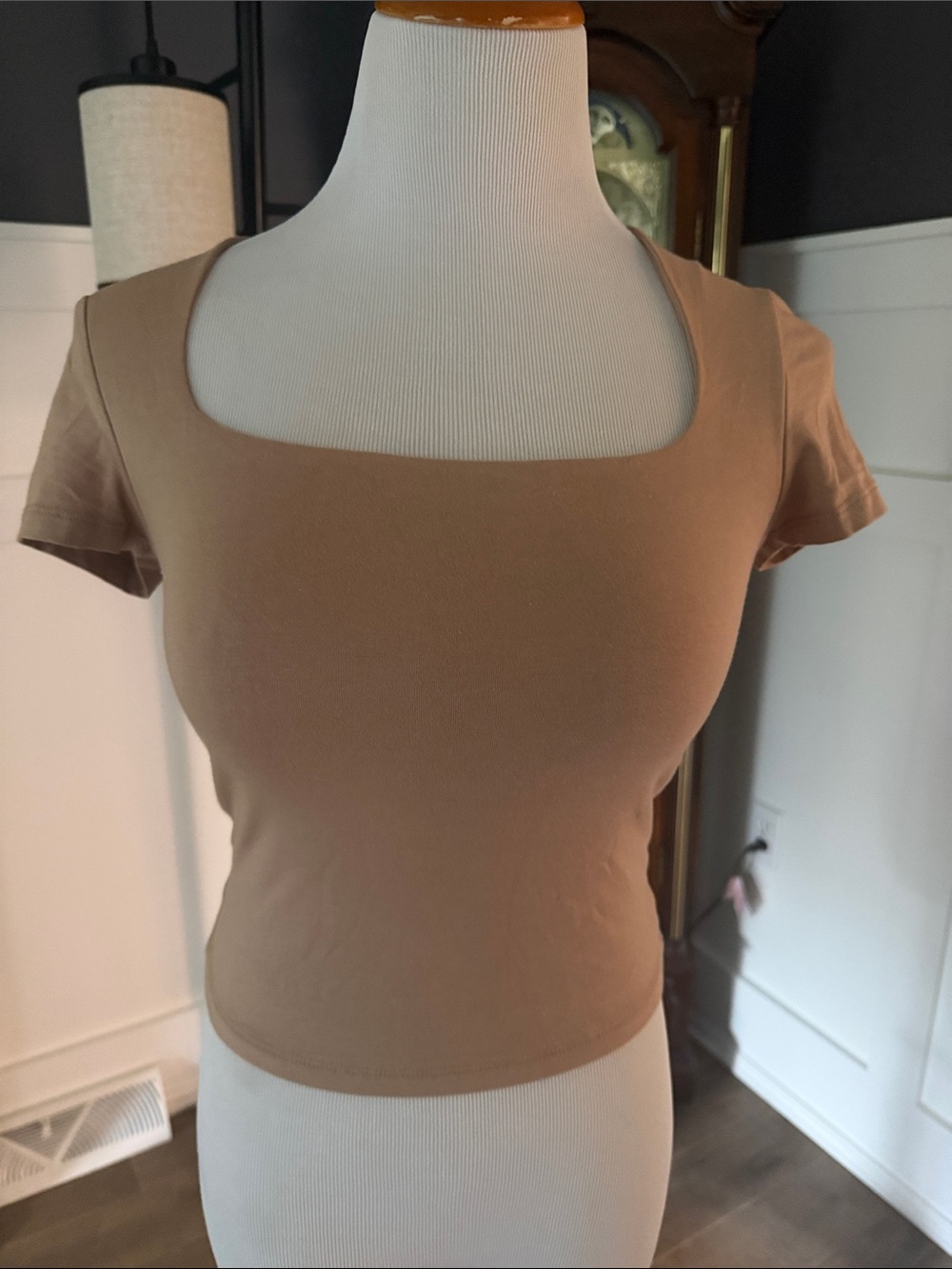 Pink Rose Camel Square Neck Short Sleeve Crop Top